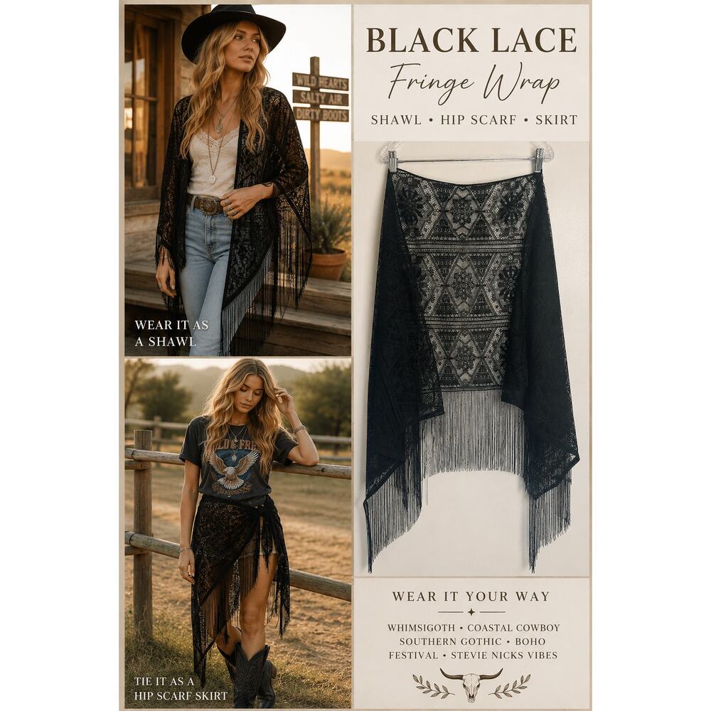 VTG Black Lace Fringe Shawl Scarf Wrap Whimsigoth Coastal Cowboy Festival Boho